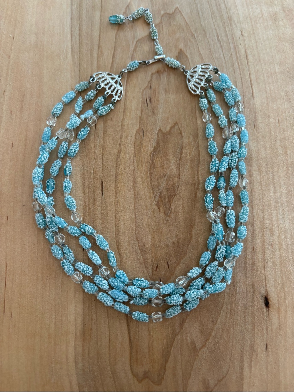 Vintage Multi-Strand Crystal Beaded Necklace Choker Silver Tone Fan Shape Clasp
